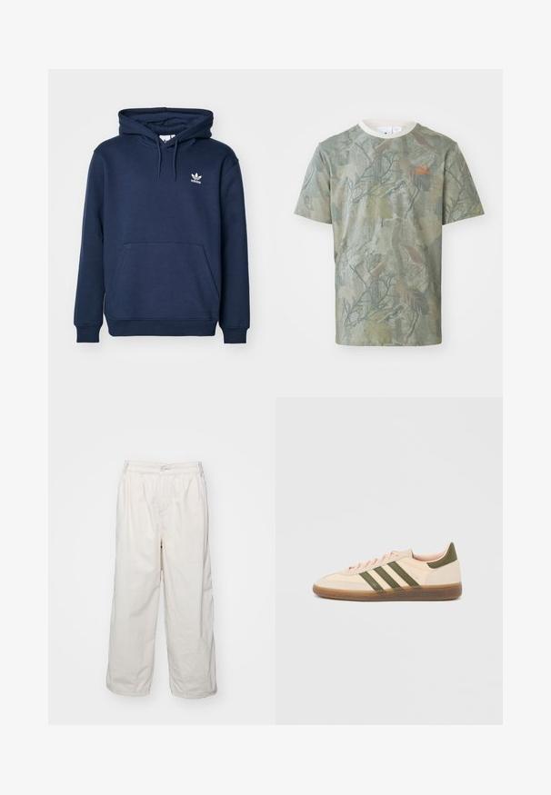 Navyblauer Hoodie aus weichem Material mit einer Kängurutasche, Kapuze mit Kordelzug und einem kleinen weißen Adidas-Logo auf der Brust.; Grünes T-Shirt mit Camouflage-Muster, kurzen Ärmeln, Rundhalsausschnitt und einem orangefarbenen Logo auf der linken Brust. Hergestellt aus leichtem Stoff.; Weiße Baumwoll-Hosen mit weitem Bein und elastischem Bund, ausgestattet mit einem vorderen Knopfverschluss und seitlichen Taschen. Glatte Textur und minimalistisches Design.; Flacher, beigefarbener Adidas Spezial Sneaker mit grünen Streifen, Gummisohle und "SPEZIAL" Schriftzug an der Seite, von der Außenseite gezeigt.