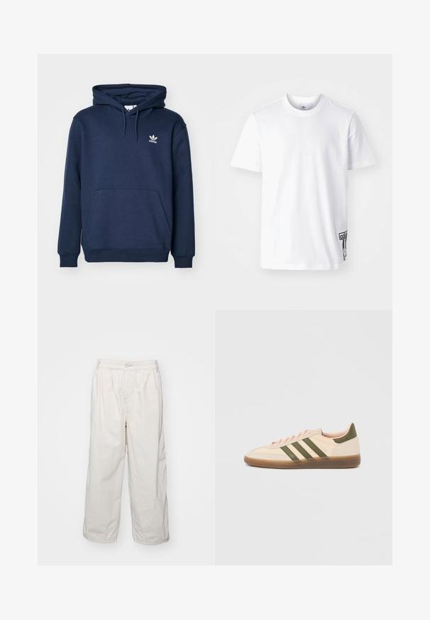 Navyblauer Hoodie aus weichem Material mit einer Kängurutasche, Kapuze mit Kordelzug und einem kleinen weißen Adidas-Logo auf der Brust.; Weißes Baumwoll-T-Shirt mit kurzen Ärmeln, Rundhalsausschnitt und einem schwarzen Adidas-Logo-Patch auf der unteren linken Seite. Glatte Textur.; Weiße Baumwoll-Hosen mit weitem Bein und elastischem Bund, ausgestattet mit einem vorderen Knopfverschluss und seitlichen Taschen. Glatte Textur und minimalistisches Design.; Flacher, beigefarbener Adidas Spezial Sneaker mit grünen Streifen, Gummisohle und "SPEZIAL" Schriftzug an der Seite, von der Außenseite gezeigt.