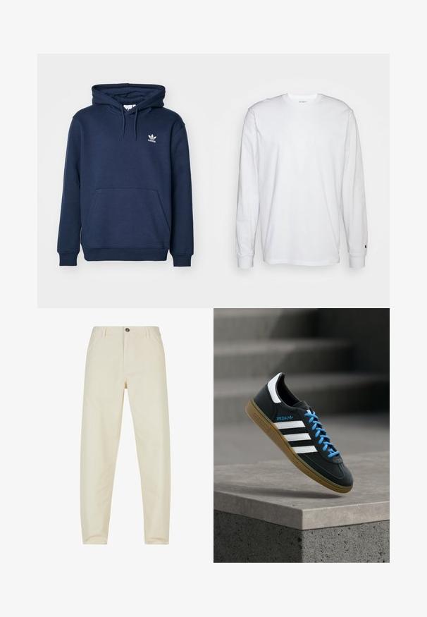 Navyblauer Hoodie aus weichem Material mit einer Kängurutasche, Kapuze mit Kordelzug und einem kleinen weißen Adidas-Logo auf der Brust.; Weißes Langarm-T-Shirt aus Baumwolle. Rundhals-Design mit gerippten Bündchen und kleinem Logo auf dem linken Ärmel. Glatte Textur.; Cremefarbene Hosen aus Baumwolle mit geradem Bein. Verfügt über einen Frontknopfverschluss und Seitentaschen. Warme, glatte Textur.; Schwarzer Adidas-Sneaker mit weißen Streifen, blauen Schnürsenkeln und Gummisohle, der über einer grauen Betontreppe im weichen Licht schwebt.