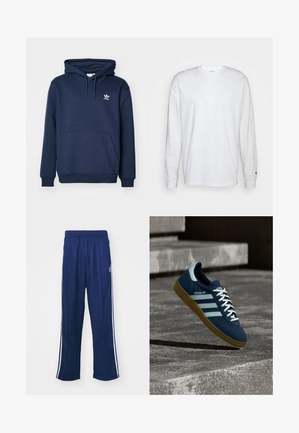 Marineblå hoodie lavet af blødt materiale, som har en kængurulomme, snoretræk i huen og et lille hvidt Adidas-logo på brystet.; Hvid langærmet T-shirt lavet af bomuld. Rund halsudskæring med ribbede manchetter og et lille logo på venstre ærme. Glat tekstur.; Marineblå sportbukser med en afslappet pasform, udstyret med hvide sidestativer og elastisk talje. Glat stof, ingen synlige mønstre eller hardware.; Blå Adidas Spezial sneaker med hvide striber og snørebånd, gummisål, svævende over en ru betongoverflade og trin i baggrunden.