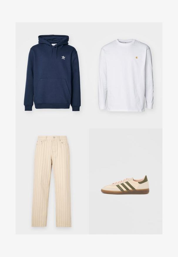 Námornícky modrá mikina s kapucňou vyrobená z mäkkého materiálu, ktorá má klokanie vrecko, kapucňu so šnúrkou a malé biele logo Adidas na hrudi.; Biely tričko s dlhým rukávom z bavlny. Na hrudi má malé zlaté logo a okrúhly výstrih. Jednoduchý dizajn a štandardný strih.; Béžové rovné nohavice so zvislými pruhmi, ktoré majú zapínanie na gombík, pútka na opasok a bočné vrecká. Materiál má hladkú štruktúru.; Nízky béžový tenisky Adidas Spezial so zelenými pruhmi, gumovou podrážkou a nápisom „SPEZIAL“ na boku, zobrazené z vonkajšej strany.
