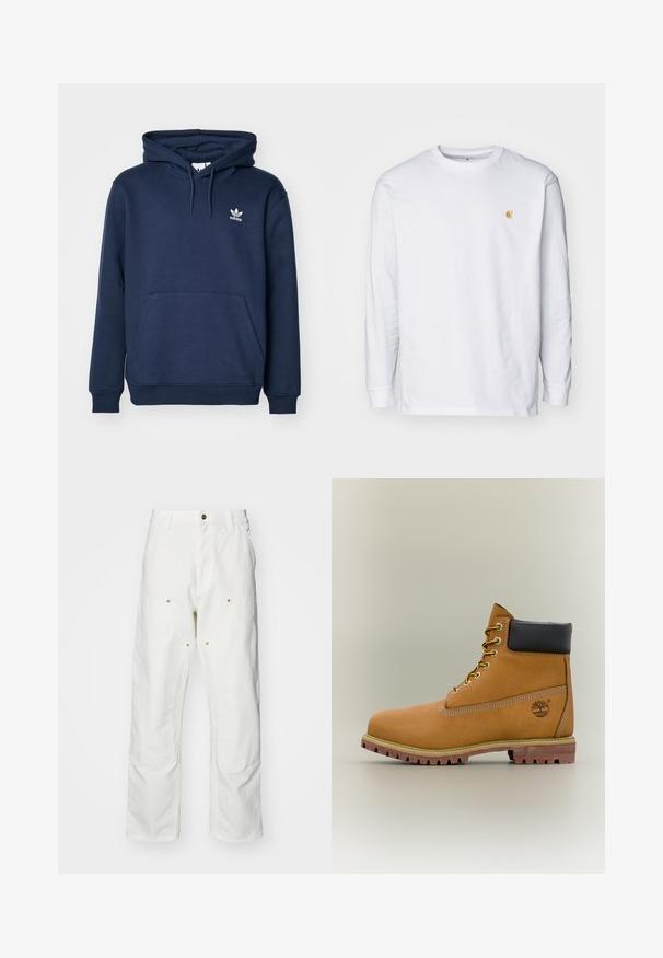 Námornícky modrá mikina s kapucňou vyrobená z mäkkého materiálu, ktorá má klokanie vrecko, kapucňu so šnúrkou a malé biele logo Adidas na hrudi.; Biely tričko s dlhým rukávom z bavlny. Na hrudi má malé zlaté logo a okrúhly výstrih. Jednoduchý dizajn a štandardný strih.; Biele bavlnené cargo nohavice s voľným strihom. Medzi vlastnosti patrí predné vrecká, zlaté detaily a zosilnené kolenné časti.; Hnedá kožená členková členková obuv s čiernym golierom, žltými šnúrkami a béžovou podrážkou. Má logo a biele prešívanie. Hrubá podrážka s dobrým záberom.