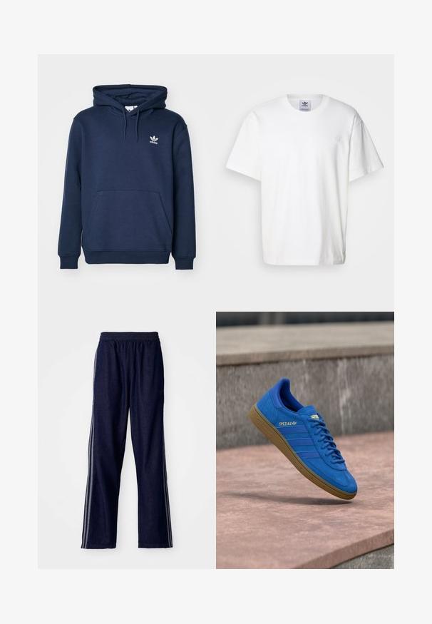Sudadera de color azul marino fabricada en material suave, con un bolsillo tipo canguro, capucha con cordón y un pequeño logo blanco de Adidas en el pecho.; Camiseta de algodón blanca con cuello redondo y mangas cortas. Presenta un pequeño logotipo bordado en el pecho. Diseño simple y clásico.; Pantalones deportivos azul marino con cintura elástica, que presentan tres franjas laterales blancas y un diseño de pierna recta. Textura de mezclilla suave.; Zapatilla Adidas Spezial azul con suela de goma, cordones atados, suspendida sobre una superficie de piedra lisa cerca de una pared de hormigón gris.