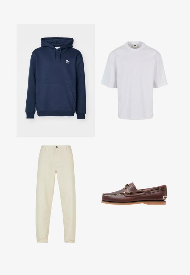 Navyblauer Hoodie aus weichem Material mit einer Kängurutasche, Kapuze mit Kordelzug und einem kleinen weißen Adidas-Logo auf der Brust.; Weißes T-Shirt mit kurzen Ärmeln aus Baumwolle. Verfügt über einen Rundhalsausschnitt und einen lockeren Schnitt mit glatter Oberfläche sowie ohne sichtbare Muster oder Grafiken.; Cremefarbene Hosen aus Baumwolle mit geradem Bein. Verfügt über einen Frontknopfverschluss und Seitentaschen. Warme, glatte Textur.; Brauner Leder-Bootsschuh mit weißen Nähten, Schnürdetails und hellbrauner Gummisohle, seitlich auf weißem Hintergrund gezeigt.