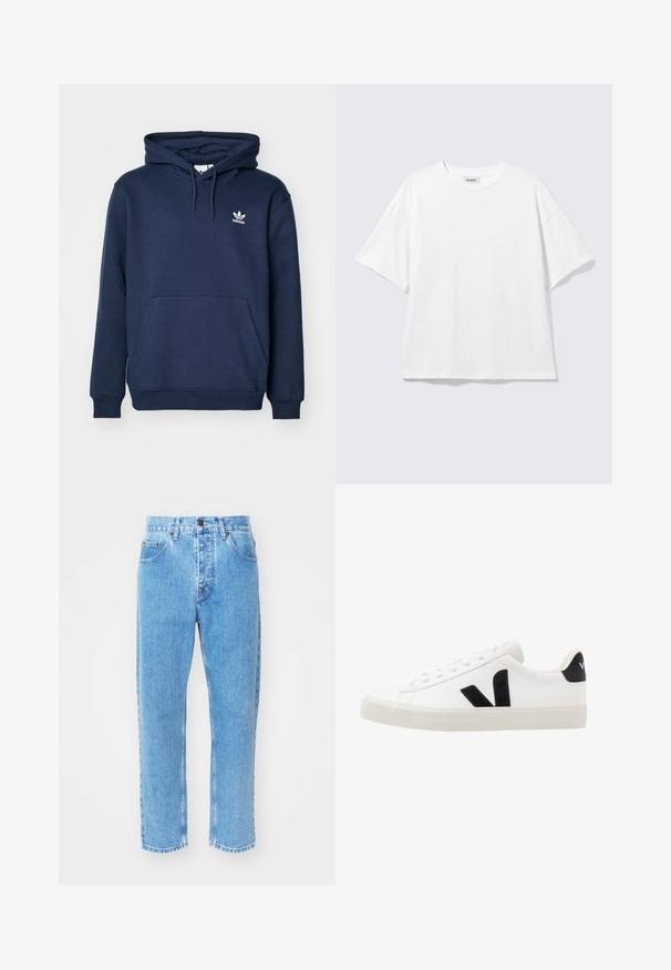 Tumed sinine kapuutsiga sviiter, mis on valmistatud pehmest materjalist, sisaldab känguru taskut, päikesevarjuga kapuutsi ja väikest valget Adidas logo rinnal.; Valge liibuv oversized lühikeste varrukatega t-särk ümar kaelusega, langevate õlgadega, tasapinnal helehalli taustal.; Heledad sinine teksaseljas on sirge sääre disain, viis taskut ja klassikaline nööbid sulgemine vöökoha juures.; Valge nahast tennis, millel on mustast sametist detailid; omab kummist tallato, ümmargust nina ja klassikalist nööpidega kinnihoidmist. Külgmine logo musta värviga.