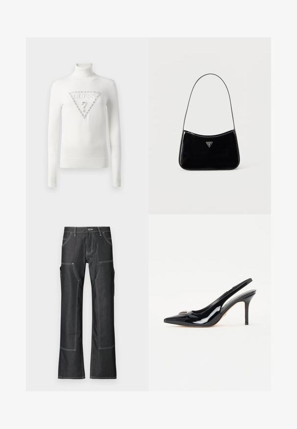 Pullover blanc à col roulé avec des poignets et un ourlet côtelés, arborant un logo Guess en forme de triangle orné de cristaux et accompagnés d'un point d'interrogation à l'avant.; Pantalons cargo en denim sombre avec des coutures contrastées blanches, comportant plusieurs poches et un design à jambes évasées. Tissu durable et fermeture à bouton en métal.; Escarpins à talons slingback en cuir verni noir avec un bout pointu, un talon aiguille élancé et un ornement décoratif sur la tige.; Sac à bandoulière en cuir verni noir avec une sangle fine, logo triangulaire Guess sur le devant et une fermeture éclair supérieure.