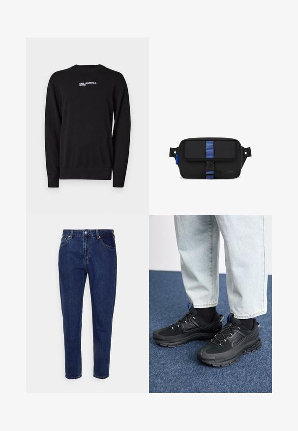Čierny pletený sveter s okrúhlym výstrihom, rebrovanými manžetami a spodným okrajom, s bielym logom "KARL LAGERFELD JEANS" na hornej časti prednej strany.; Tmavomodré rifľové nohavice rovného strihu s predným zapínaním na gombík a zips, s pútkami na opasok a prednými aj zadnými vreckami.; Čierne športové topánky s textúrovanou tkaninou a gumovou podrážkou, so elastickými šnúrkami a modrým akcentom na päte. Nosia sa s svetlými riflami.; Čierna textilná taška s obdĺžnikovým tvarom, s modrým popruhom a sponou, bočným ouškom a vyrazeným logom na prednej strane.