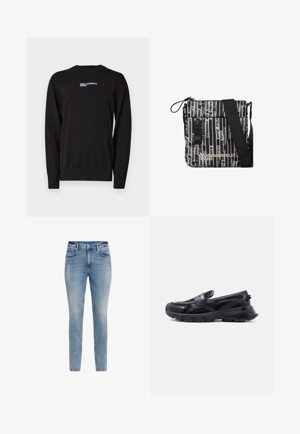 Schwarzer Strickpullover mit Rundhalsausschnitt, gerippten Bündchen und Saum, sowie einem weißen "KARL LAGERFELD JEANS" Logo auf der oberen Vorderseite.; Helle blaue, figurbetonte Jeans aus Denim. Mit fünf Taschen, Knopfschluss und sanften Ausbleichungen. Glatte Textur und gerader Schnitt.; Schwarzer Slip-On-Sneaker mit dicker, strukturierter Sohle und Mesh-Einsätzen, entworfen für Freizeit- und Sportkleidung.; Umhängetasche mit schwarzen und beigen vertikalen Streifen und wiederholtem "Karl Lagerfeld Jeans" Schriftzug, schwarzem verstellbarem Riemen und vorderer Reißverschlusstasche.