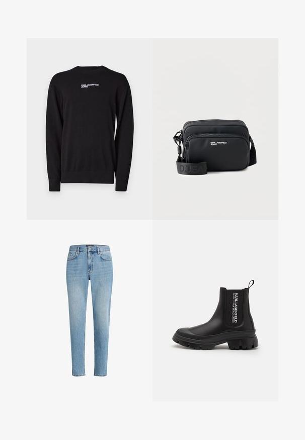 Schwarzer Strickpullover mit Rundhalsausschnitt, gerippten Bündchen und Saum, sowie einem weißen "KARL LAGERFELD JEANS" Logo auf der oberen Vorderseite.; Hellblaue Denim-Jeans mit einem lässigen Schnitt, Fünf-Taschen-Design und dezenten Abnutzungserscheinungen. Mit einem Markenpatch nahe der Taille.; Schwarze Knöchelstiefel aus glattem Gummi mit einer kräftigen Sohle, elastischen Seitenelementen und weißen Logo-Details am Schaft.; Schwarze rechteckige Crossbody-Tasche mit zwei Reißverschlussfächern, „KARL LAGERFELD JEANS“-Logo und verstellbarem Markenriemen auf weißem Hintergrund.