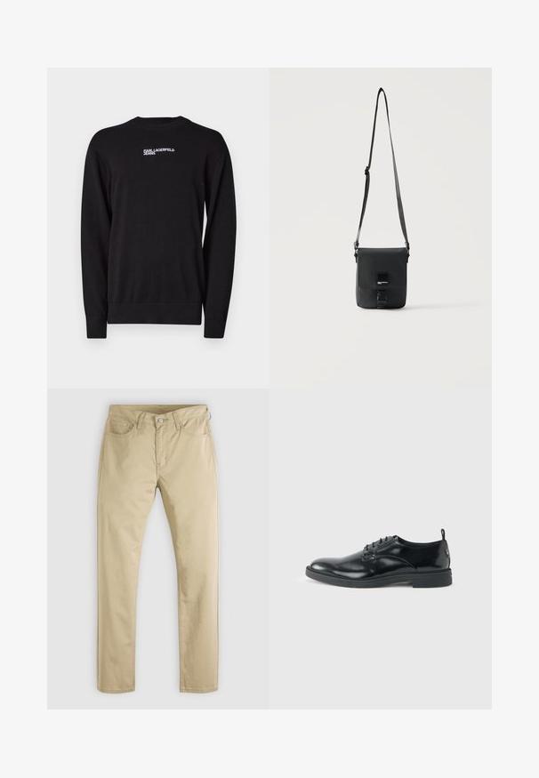 Pull en tricot noir avec col rond, poignets et ourlet côtelés, orné du logo blanc "KARL LAGERFELD JEANS" sur le devant supérieur.; Chinos beige en coton avec une coupe droite. Comprend cinq poches et une fermeture par bouton. Texture lisse, détails de couture minimalistes.; Chaussure habillée en cuir noir brillant avec un petit talon, fermeture à lacets et bout rond, vue de côté sur un fond uni et clair.; Sac bandoulière en cuir noir avec sangle réglable, fermeture à rabat et petite plaque métallique avec logo à l’avant.