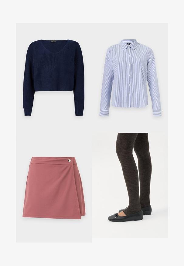 Pull court bleu marine avec un col en V, des manches longues et un motif en maille texturée. Conçu pour une coupe décontractée.; Chemise à manches longues boutonnée, avec des rayures verticales blanches et bleu clair et un col pointu, présentée sur un fond uni.; Jupe portefeuille courte en rose poussiéreux avec un petit bouton argenté près de la ceinture sur un fond clair uni.; Jambes portant des leggings côtelés foncés associés à des ballerines noires avec de petits détails en nœud sur fond blanc.
