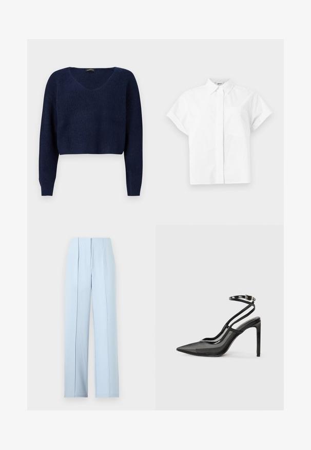Pull court bleu marine avec un col en V, des manches longues et un motif en maille texturée. Conçu pour une coupe décontractée.; Chemise blanche à manches courtes avec col classique et poche poitrine, présentée sur un fond clair uni.; Pantalon large taille haute bleu clair avec plis devant et fermeture à glissière cachée sur un fond uni.; Escarpins noirs à talon haut avec un bout pointu, une combinaison de mesh et de cuir verni, un strap au niveau de la cheville avec une boucle, silhouette élégante.