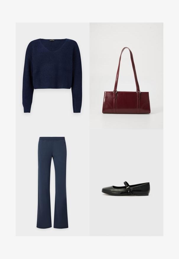 Pull court bleu marine avec un col en V, des manches longues et un motif en maille texturée. Conçu pour une coupe décontractée.; Pantalon bleu marine à jambes droites avec taille élastique, présenté sur un fond clair uni.; Ballerines en cuir noir avec un bout arrondi, une semelle plate et une fine sangle ajustable sur le cou-de-pied avec une boucle en métal.; Sac à main bordeaux en matériau brillant, de forme rectangulaire, avec deux anses et des accents légèrement courbés à l'avant.