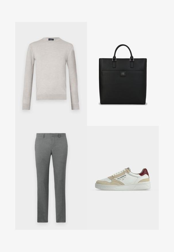 Suéter gris claro, hecho de una tela suave, cuenta con mangas largas y un escote redondo. Diseño simple con puños y dobladillo acanalados.; Pantalones grises a medida con una textura suave, diseño de pierna recta, lazos para cinturón y un sutil patrón de espiga en toda su superficie.; Zapatilla baja en blanco con detalles en ante beige, lengüeta roja en el talón, suela blanca y marca "ALLSAINTS" en el lateral.; Bolso tote de cuero negro con forma rectangular estructurada, asas dobles en la parte superior, detalles en plata y un bolsillo frontal con un logo.