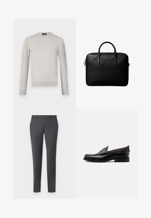 Suéter gris claro, hecho de una tela suave, cuenta con mangas largas y un escote redondo. Diseño simple con puños y dobladillo acanalados.; Pantalones gris ajustados con una textura suave, corte recto, frente plano y passantes para cinturón. Cuenta con un sutil patrón de cuadros y una línea de planchado en el frente.; Mocasín de hombre de piel negra con costura moc toe, tira penny, cuello texturizado y tacón bajo apilado sobre fondo blanco.; Maletín de cuero negro texturizado con doble asa y tiradores de cremallera plateados, centrado sobre fondo blanco.