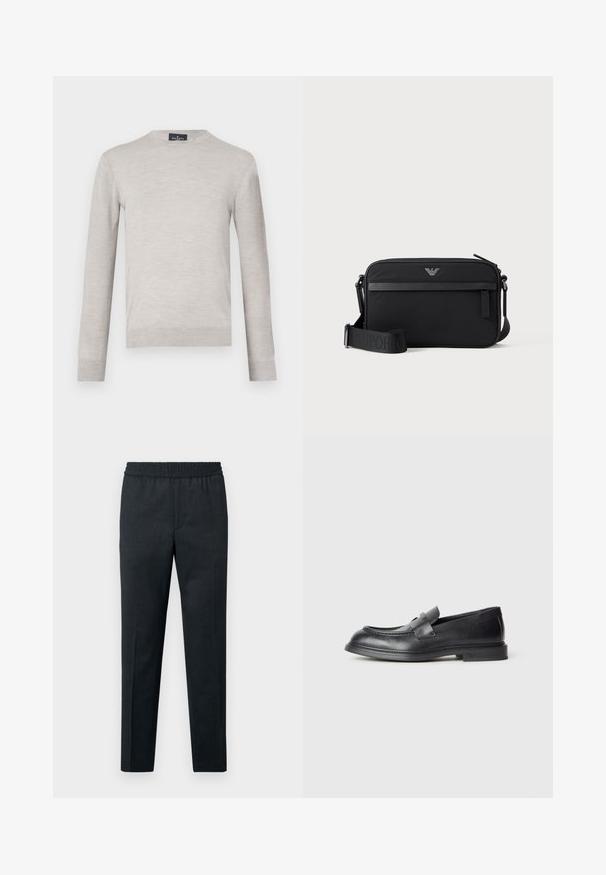Suéter gris claro, hecho de una tela suave, cuenta con mangas largas y un escote redondo. Diseño simple con puños y dobladillo acanalados.; Pantalones gris oscuro con cintura elástica, diseño de pierna recta, textura suave y sin bolsillos ni patrones visibles.; Mocasines de cuero negro con acabado texturizado, que cuentan con una correa decorativa en la parte delantera y punta redondeada. Suela de goma para mayor durabilidad.; Bolso bandolera rectangular negro con bolsillo frontal con cremallera, correa ajustable y pequeño logo metálico en el centro superior.