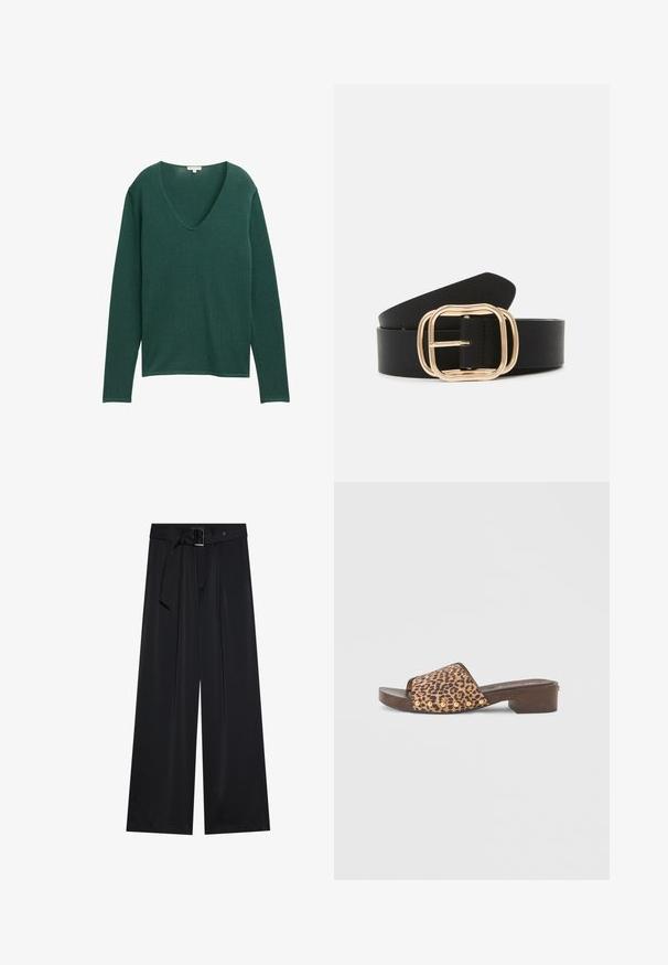 Suéter verde de manga larga con escote en V profundo, hecho de un tejido suave. Presenta un ajuste relajado y una textura sutil y suave.; Pantalones de pierna ancha negros, confeccionados en una tela suave, que presentan una cintura alta con un cinturón y detalles de lazo, y pliegues frontales prominentes.; Sandalia tipo diapositiva con estampado de leopardo y tacón bajo de madera, con detalles de remaches dorados a lo largo del lateral. Diseño de punta abierta con una correa ancha.; Cinturón de cuero negro con una hebilla rectangular en tono dorado, bordes redondeados, textura suave y un diseño elegante.