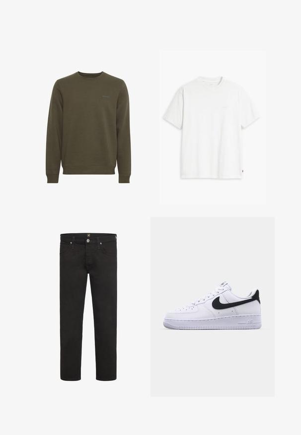 Mørkegrøn crewneck sweatshirt med lange ærmer og lille "blend" logo på venstre bryst.; Hvid t-shirt i bomuld med korte ærmer, rund halsudskæring og en diskret "Levi's"-logo trykt i lyse farver på forsiden.; Sorte straight-leg jeans med knap- og lynlås-lukning, for- og baglommer samt bæltestropper, fra mærket Lee.; Hvide lædersneakers med en struktureret sort Swoosh, flade snørebånd og en gummisål med et rillemønster. "AIR" er præget på hælen.