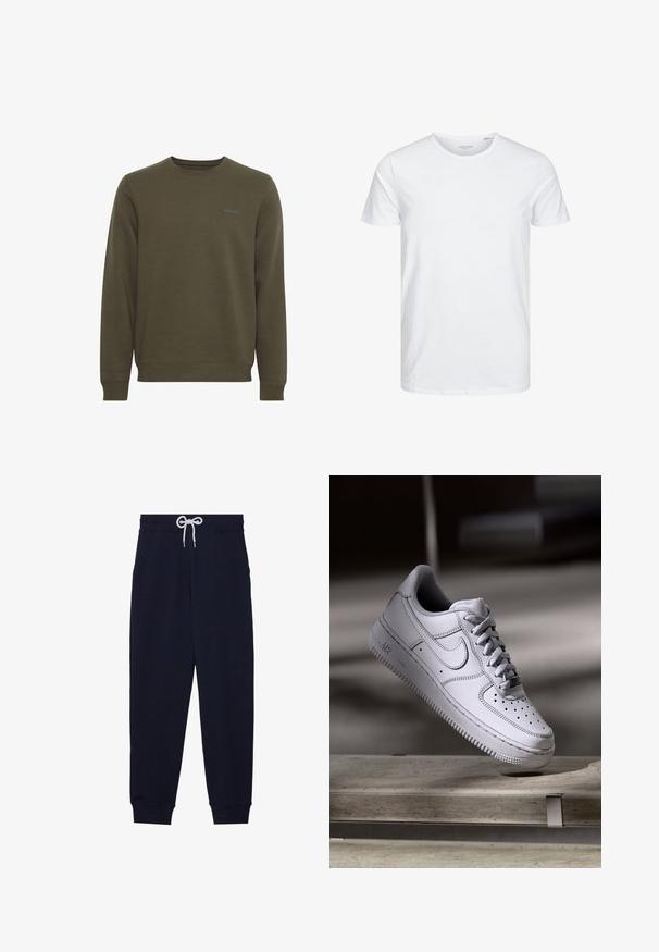 Mørkegrøn crewneck sweatshirt med lange ærmer og lille "blend" logo på venstre bryst.; Rundhals kortærmet t-shirt i ensfarvet hvid, lavet af blød bomuld, har et simpelt design uden synlige mønstre eller detaljer.; Mørkeblå sweatpants lavet af blødt stof, med elastisk talje og hvid snøre, tapered ben og ribbede manchetter.; Hvid læder Nike Air Force 1 sneaker med perforeret tå, flade snørebånd og tekstureret gummisål med "AIR" branding på siden.