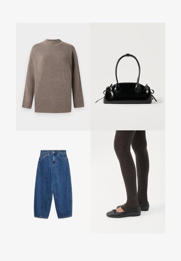 ONLY Knitted ONLHAZEL Knitted - Pullover - brown lentil; Jean en denim bleu avec taille haute, coupe décontractée et jambes droites. Design classique à cinq poches avec fermeture éclair et bouton.; Jambes portant des leggings côtelés foncés associés à des ballerines noires avec de petits détails en nœud sur fond blanc.; Petit sac à main noir brillant avec deux longues anses et des détails à cordon sur les côtés sur un fond clair uni.