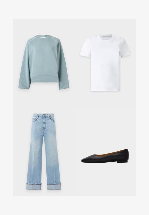 Sweat-shirt bleu clair à col rond avec manches raglan longues, ourlet et poignets côtelés, présenté sur un fond blanc uni.; T-shirt blanc uni à manches courtes et col rond avec une petite étiquette de marque à l'intérieur du col portant la mention "Tiger of Sweden."; Jeans évasés bleu clair en denim, dotés d'une taille haute, d'ourlets retroussés et d'un design classique à cinq poches. Finition nette avec un minimalisme dans les dégradés.; Chaussure plate en cuir noir à bout pointu avec talon bas et finition lisse, vue de côté sur un fond gris clair.