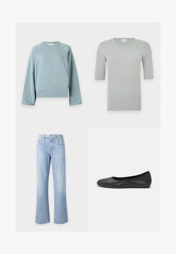Sweat-shirt bleu clair à col rond avec manches raglan longues, ourlet et poignets côtelés, présenté sur un fond blanc uni.; T-shirt gris à manches courtes côtelées avec un col rond. Confectionné dans un tissu doux à la texture lisse, avec un branding minimal sur le côté.; Jean en denim bleu clair taille haute avec fermeture par bouton et zip, poches avant et jambes larges légèrement évasées.; Ballerines en cuir noir avec un bout rond, texture lisse, détails de couture minimalistes et design de semelle flexible.