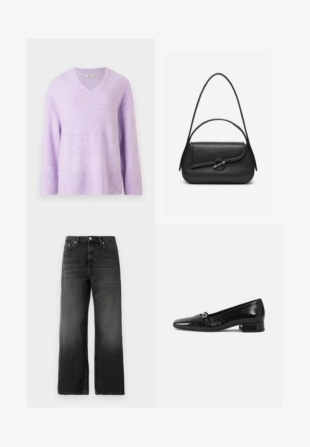 Jersey de cuello en V en suave lavanda claro, hecho de una tela texturizada, con mangas de 3/4 y ribetes en el dobladillo y los puños.; Jeans de mezclilla negra con un ajuste relajado, diseño de pierna recta, textura desgastada, estilo de cinco bolsillos y cierre de botón plateado en la cintura.; Bailarinas de charol negro con punta afilada, tacón cuadrado bajo y un pequeño detalle de hebilla metálica en la correa. Textura suave.; Bolso de cuero negro con bordes redondeados, solapa asimétrica, cierre circular de metal y correas de hombro cortas y largas.