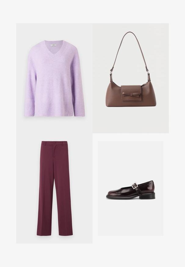 Jersey de cuello en V en suave lavanda claro, hecho de una tela texturizada, con mangas de 3/4 y ribetes en el dobladillo y los puños.; Pantalones de pernera amplia en color burdeos, hechos de una tela suave. Cuentan con un cierre de botón y bolsillos clásicos. Diseño simple sin patrones ni acentos.; Zapato único Mary Jane brillante de color burdeos oscuro con correa ancha y hebilla plateada, tacón bloque bajo y punta redondeada sobre fondo blanco.; Bolso bandolera de cuero marrón con un bolsillo frontal de solapa que presenta un detalle de moño cosido y una correa ajustable.