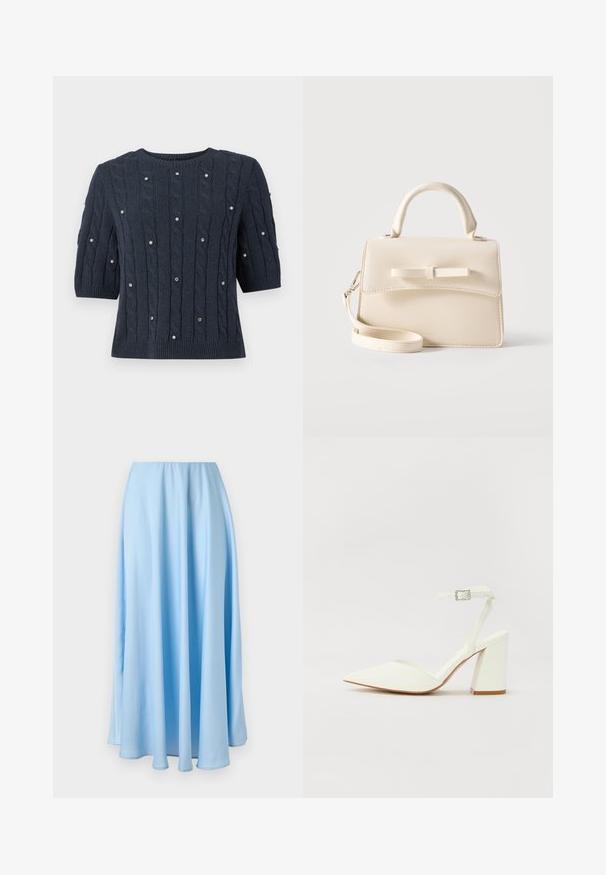 Pull en tricot bleu marine à manches courtes, avec des motifs en câble et des accents en gemmes décoratives. Encolure ronde et ourlet côtelé.; Jupe bleu clair longue jusqu'au sol, taille haute, avec de doux plis et une texture de tissu fluide et lisse.; Sandale blanche à talon avec un bout pointu, sangle de cheville réglable et un talon carré épais. Texture lisse avec des détails de couture minimaux.; Petit sac à main beige avec poignée supérieure, bandoulière amovible, rabat avant et nœud horizontal décoratif sur un fond uni.