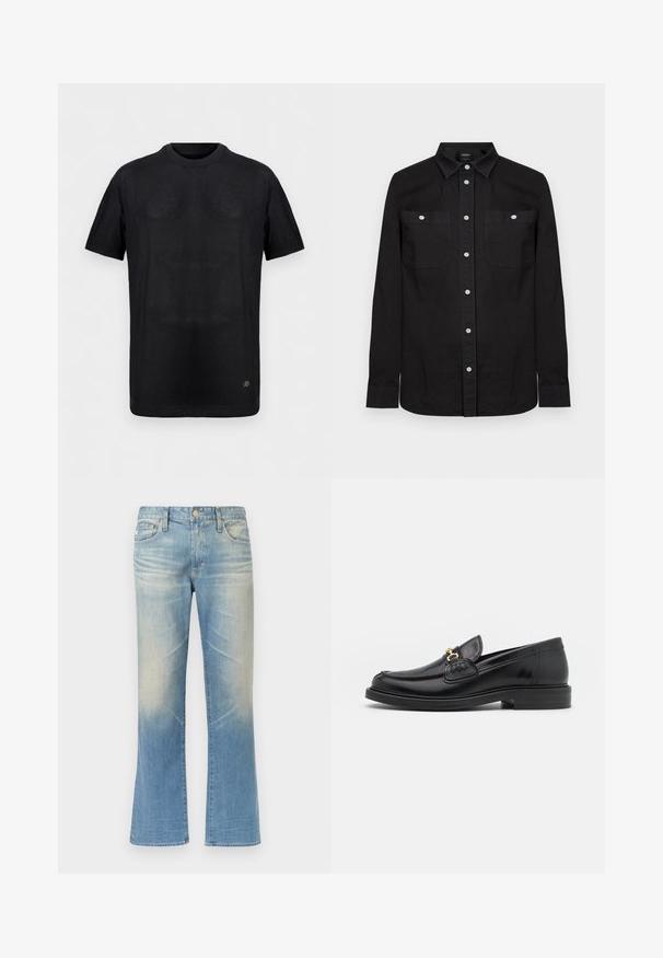 T-shirt noir à manches courtes en maille côtelée avec col rond et petit logo métallique près de l'ourlet inférieur sur un fond uni.; Chemise noire à manches longues avec col pointu et deux poches poitrine à l'avant, chacune fermée par un bouton blanc.; Jean évasé en denim bleu clair avec une finition délavée, design à cinq poches, fermeture par bouton en métal et ourlets droits.; Mocassins en cuir noir avec un embout rond, présentant des accents en métal doré et des détails de couture, montés sur une semelle en caoutchouc texturé et basse.