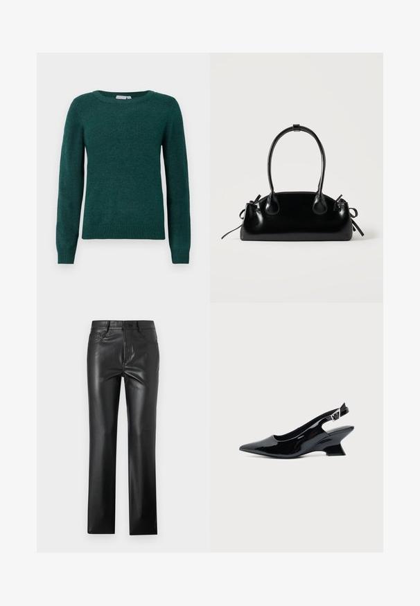 Suéter verde oscuro hecho de una tela suave, con un cuello redondo y mangas largas con puños y dobladillo acanalados.; Pantalones de cuero negro con un diseño de pierna recta, que cuentan con bolsillos frontales, cierre de botón y una textura suave y brillante.; Zapato slingback de cuero charol negro con puntera puntiaguda y tacón bajo en bloque inclinado sobre fondo claro liso.; Pequeño bolso negro brillante con dos asas largas y detalles de cordón lateral sobre un fondo claro liso.