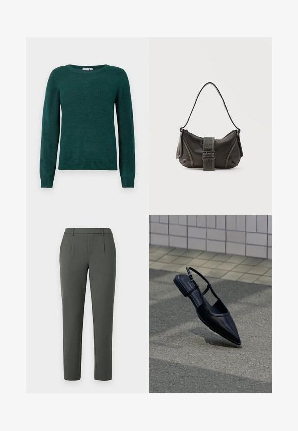 Mørkegrønt sweater lavet af blødt stof, med rund halsudskæring og lange ærmer med ribbede manchetter og kant.; Mørkegrønne bukser med skræddersyet pasform, der har to sidelommer, lynlås, og lægdetaljer for en struktureret design.; Sort slingback-flad sko med spids tå, svævende over en asfaltflade ved siden af en flisebelagt fortov.; Sort læder skuldertaske med spænde på remmen, afrundede kanter og kontrasterende hvide syninger på en ensfarvet baggrund.