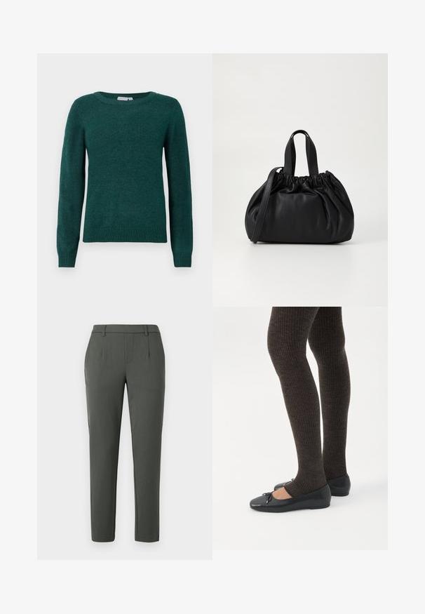 Mørkegrønt sweater lavet af blødt stof, med rund halsudskæring og lange ærmer med ribbede manchetter og kant.; Mørkegrønne bukser med skræddersyet pasform, der har to sidelommer, lynlås, og lægdetaljer for en struktureret design.; Ben iført mørke ribbede leggings kombineret med sorte balletsko med små sløjfedetaljer på hvid baggrund.; Sort læderhåndtaske med en samlet topdesign, der har to korte håndtag og en lang justerbar rem. Glat overflade, rund form.