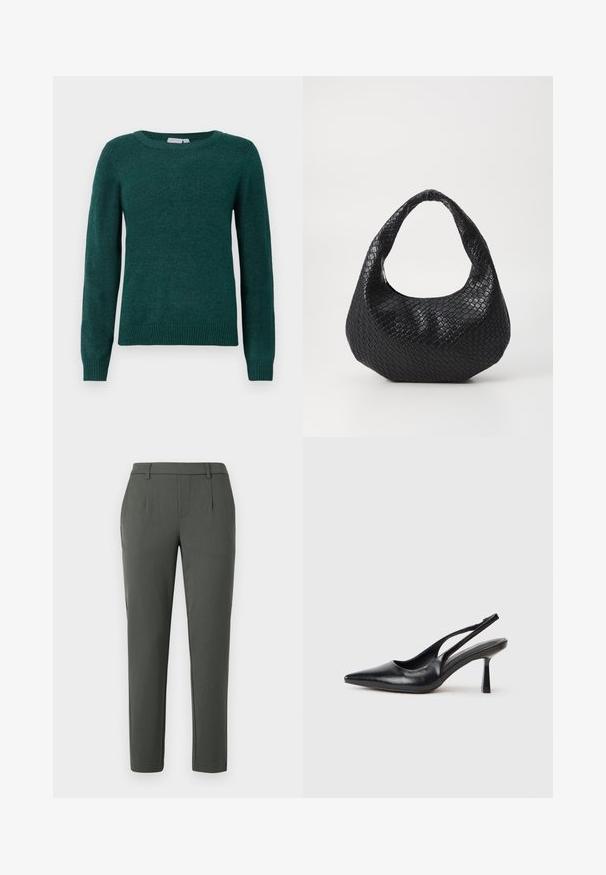 Suéter verde oscuro hecho de una tela suave, con un cuello redondo y mangas largas con puños y dobladillo acanalados.; Pantalones verdes oscuros con un corte ajustado, que cuentan con dos bolsillos laterales, una cremallera y detalles de pinzas para un diseño estructurado.; Zapato de tacón alto negro de cuero con puntera afilada y tacón delgado sobre un fondo blanco.; Bolso de mano tejido en negro con un asa curvada, que presenta una superficie texturizada y una forma holgada. Acabado suave con una silueta orgánica.