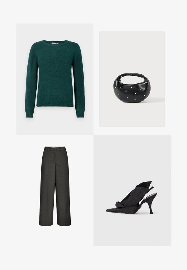 Mørkegrønt sweater lavet af blødt stof, med rund halsudskæring og lange ærmer med ribbede manchetter og kant.; Mørkegrå vidde bukser med bæltestropper og lynlås foran, vist mod en hvid baggrund.; Sorte slingback-højhælede sko med spids tå, der har en draperet tekstiloverdel og en sløjfe på frontpanelet.; Sort læderhåndtaske med en rundet form, dekoreret med sølvnitter, og et kort håndtag. Glat tekstur og lynlåslukning.