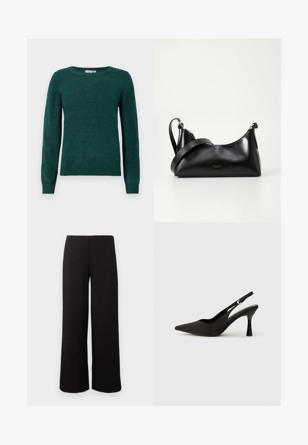 Dunkelgrüner Pullover aus weichem Stoff, mit rundem Halsausschnitt und langen Ärmeln mit gerippten Bündchen und Saum.; Schwarze weit geschnittene Hose aus weichem Stoff, mit glatter Textur und einem elastischen Bund für Komfort. Keine sichtbaren Muster oder Beschläge.; Schwarze Slingback-Absatzschuhe mit spitzem Zehenbereich, glattem, mattem Finish und schmalem, glanzvollem Absatz. Verstellbarer Riemen mit kleiner Schnallen-Detail.; Schwarze lederne Handtasche mit glatter Textur. Verfügt über einen verstellbaren Riemen und ein elegantes, minimalistisches Design mit einem Reißverschluss.