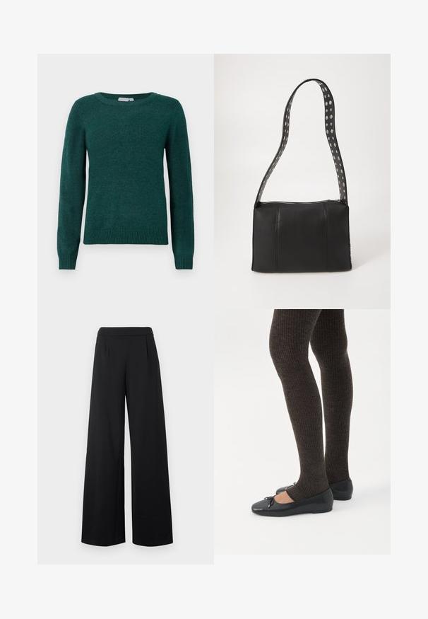 Mørkegrønt sweater lavet af blødt stof, med rund halsudskæring og lange ærmer med ribbede manchetter og kant.; Sorte wide-leg bukser med en glat tekstur, der har en høj talje og diskrete folder som ekstra detalje.; Ben iført mørke ribbede leggings kombineret med sorte balletsko med små sløjfedetaljer på hvid baggrund.; Sort læderhåndtaske med rektangulær form, udstyret med lynlås lukning og en polkaprikket rem. Glat tekstur, minimalt syning.