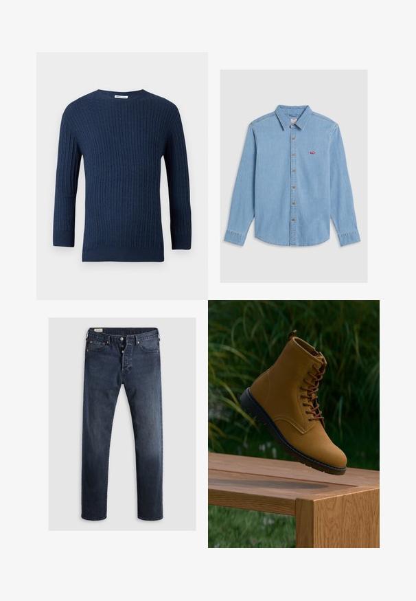 Le pull en tricot navy présente un motif côtelé texturé, un col rond et des manches longues. Fabriqué à partir d'un tissu doux avec une silhouette ajustée.; Chemise en denim bleu clair à manches longues, avec boutonnage à l'avant et col pointu. Présente des boutons marron et un petit patch logo rouge.; Jeans en denim bleu foncé avec une coupe droite, dotés d'un zip et de boutons en métal, ainsi que d'accents de rivets en cuivre. Texture lisse, sans motifs visibles.; Bottine en suede marron avec des lacets marron, une semelle en caoutchouc noir et une finition lisse, exposée au-dessus d'une surface en bois devant un arrière-plan verdoyant.
