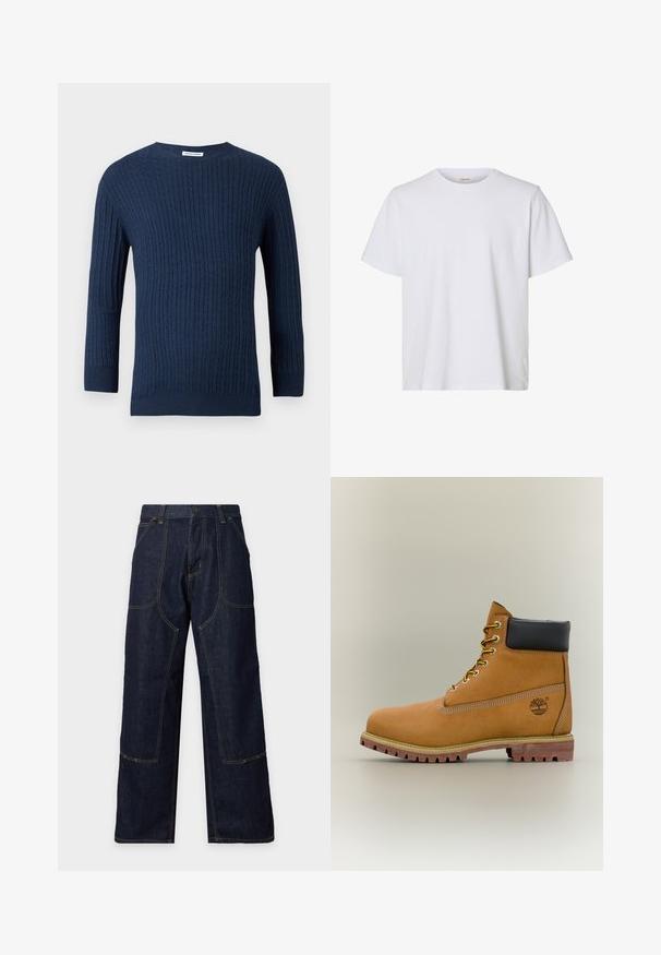 Le pull en tricot navy présente un motif côtelé texturé, un col rond et des manches longues. Fabriqué à partir d'un tissu doux avec une silhouette ajustée.; T-shirt blanc uni à manches courtes, col rond, coupe régulière et texture de tissu lisse, présenté sur fond blanc.; Pantalon en jean bleu foncé à jambes larges, coutures contrastées, poches plaquées devant et fermeture par bouton à la taille.; Bottine en cuir marron avec col noir, lacets jaunes et semelle beige. Présente un logo et des détails de couture blanche. Semelle extérieure à traction robuste.