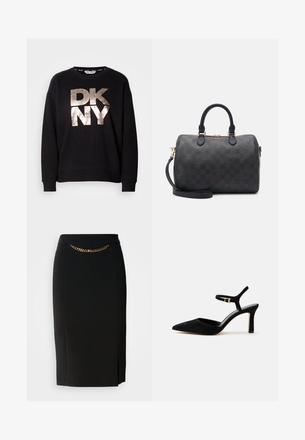 Schwarzer Sweatshirt mit einem großen, abgenutzten, metallisch-goldenen "DKNY"-Logo. Lange Ärmel und gerippte Bündchen mit einem lässigen Schnitt.; Schwarzer Bleistiftrock mit einem leichten Schlitz, ausgestattet mit einem goldenen Kettendetail an der Taille. Hergestellt aus einem glatten, dehnbaren Stoff für optimalen Tragekomfort.; Schwarzer Wildlederpumps mit hohem Absatz, spitzer Schuhspitze und dünnem Knöchelriemen mit kleiner goldener Schnalle.; Schwarze Karobag mit goldenen Beschlägen, abgerundeten Obergriffen und abnehmbarem Schulterriemen. Glatte Textur mit strukturierter Form.