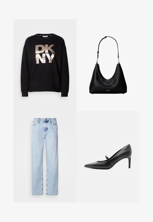 Čierna mikina so zlatým, opotrebovaným logom "DKNY" v veľkom formáte. Dlhé rukávy a kloktací manžety s uvoľneným strihom.; Svetlomodré široké džínsy vyrobené z denimu, s vysokým pásom, vyblednutým umývaním a jemným vzorom batikovania na prednej strane.; Čierna kožená lodička s špicatou špičkou, tenkým remienkom a prackou cez priehlavok, stojaca na neutrálno svetlom pozadí.; Čierna kožená kabelka so strieborným reťazovým detailom a nastaviteľným ramenným popruhom, s logom Calvin Klein na prednej strane.