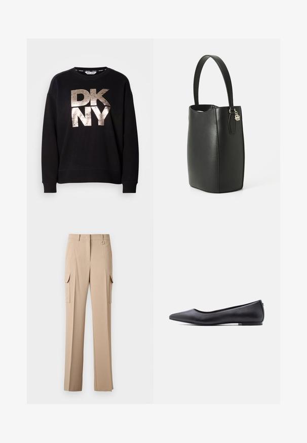 Čierna mikina so zlatým, opotrebovaným logom "DKNY" v veľkom formáte. Dlhé rukávy a kloktací manžety s uvoľneným strihom.; Béžové cargo nohavice s dvoma bočnými vreckami, plochým predným dielom a štvorcovým kovovým akcentom na páse. Vyrobené z hladkej, ľahkej tkaniny.; Čierna kožená balerína s špičatou špičkou a nízkym podpätkom, zobrazená z profilu na bielom pozadí.; Čierna kožená kabelka v tvare vedra so štruktúrovaným tvarom, hladkým povrchom a krátkym uchom. Obsahuje akcenty z kovu v zlatej farbe.