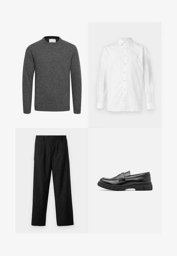 Jersey gris carbón de manga larga con cuello redondo, puños y bajo acanalados, hecho de tejido de punto suave.; Camisa de vestir blanca de manga larga con botones, cuello abierto y puños abotonados, mostrada sobre un fondo blanco liso.; Pantalones negros de corte recto, con un cierre de botón único, dos bolsillos frontales y una textura de tela suave y ligera.; Mocasin de cuero negro con una cinta ancha en el empeine, suela de goma con tacos gruesos y textura suave. Diseño clásico y elegante.
