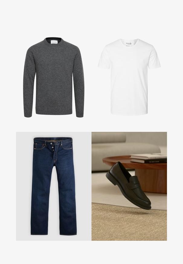Jersey gris carbón de manga larga con cuello redondo, puños y bajo acanalados, hecho de tejido de punto suave.; Camiseta blanca lisa de manga corta con cuello redondo, hecha de algodón orgánico, con etiqueta Selected Homme, talla grande.; Vaqueros de mezclilla de color azul oscuro con corte recto, cinco bolsillos y costuras doradas. Presentan una bragueta con botones y remaches de cobre. Textura suave.; Zapato mocasín de cuero negro mostrado en el aire sobre una alfombra beige tejida, con una mesa de madera y libros apilados en una sala de estar con luz suave.