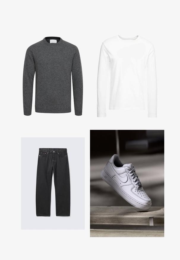 Pull gris charbon à manches longues avec col rond, poignets et ourlet côtelés, en tissu tricoté doux.; T-shirt blanc à manches longues en coton doux. Encolure ronde avec des ourlets droits et sans motifs ni graphiques visibles.; Jean noir droit avec cinq poches et une fermeture bouton à la taille, posé à plat sur un fond clair.; La basket Nike Air Force 1 en cuir blanc présente un embout perforé, des lacets plats et une semelle en caoutchouc texturée avec le logo « AIR » sur le côté.