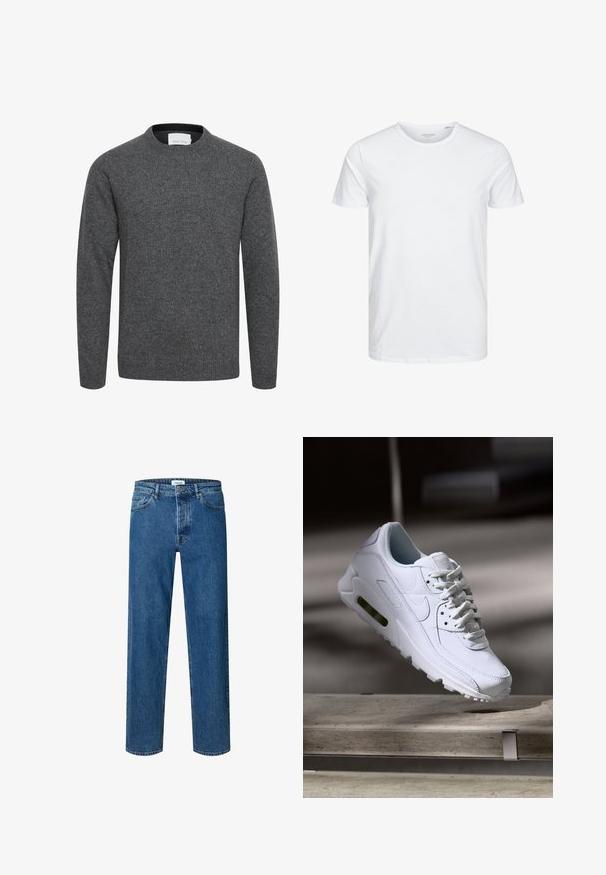 Jersey gris carbón de manga larga con cuello redondo, puños y bajo acanalados, hecho de tejido de punto suave.; Camiseta de manga corta y cuello redondo en blanco sólido, fabricada en algodón suave, presenta un diseño simple sin patrones ni acentos visibles.; Vaqueros azul de corte recto con cierre de botón y cremallera, trabillas para el cinturón y diseño de cinco bolsillos.; Zapatilla blanca de piel con superficies texturizadas, cuello acolchado y amortiguación de aire visible en la suela. Presenta cordones y un diseño minimalista.