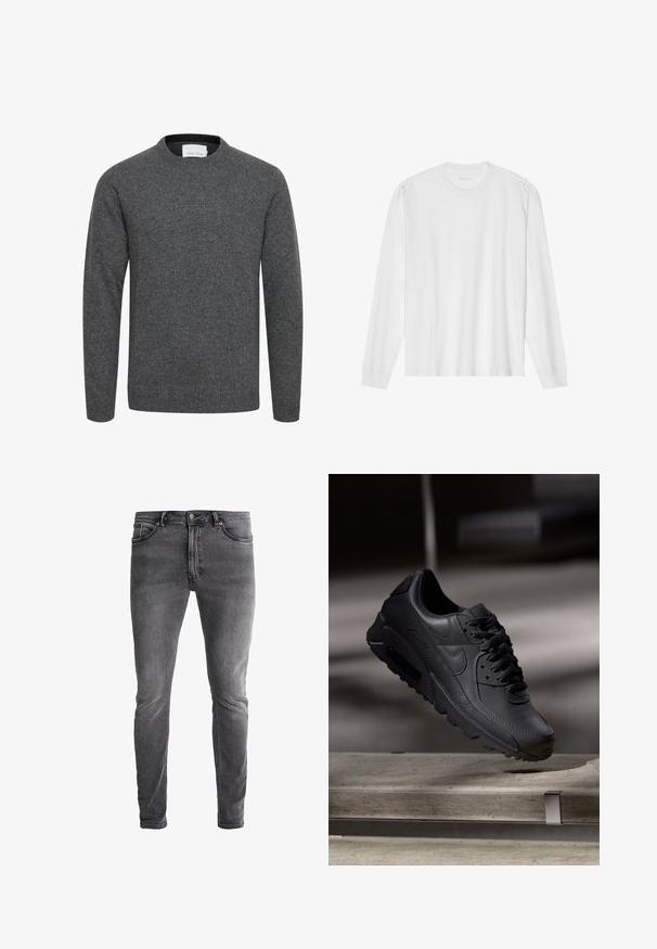 Jersey gris carbón de manga larga con cuello redondo, puños y bajo acanalados, hecho de tejido de punto suave.; Camiseta blanca de algodón de manga larga con cuello redondo, con puños acanalados y dobladillo recto, textura suave y diseño minimalista.; Jeans de mezclilla gris de corte slim fit con un ligero estiramiento. Presenta cinco bolsillos, una cremalleras y un botón de metal en contraste. Textura de lavado desgastado.; Zapatillas Nike Air Max negras con parte superior de cuero texturizado, suela de goma y un sistema de cordones prominente, que muestran un diseño elegante y moderno.