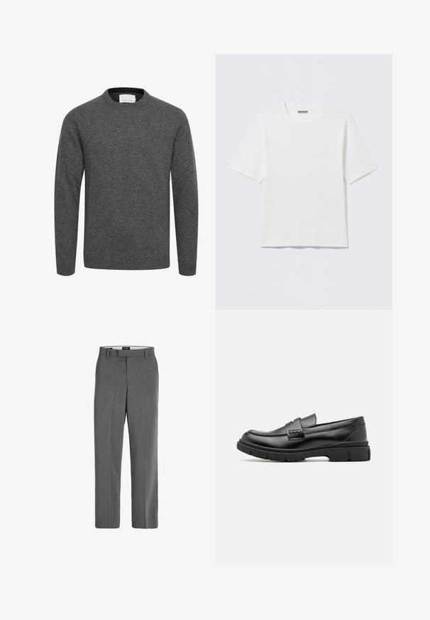 Jersey gris carbón de manga larga con cuello redondo, puños y bajo acanalados, hecho de tejido de punto suave.; Camiseta blanca lisa de manga corta con cuello redondo y una pequeña etiqueta "WEEKDAY" en el interior del cuello trasero, mostrada sobre una superficie plana.; Pantalones gris con una textura suave, diseño de pierna recta y un patrón vertical sutil. Cuenta con trabillas para el cinturón y bolsillos delanteros y traseros.; Mocasin de cuero negro con una cinta ancha en el empeine, suela de goma con tacos gruesos y textura suave. Diseño clásico y elegante.