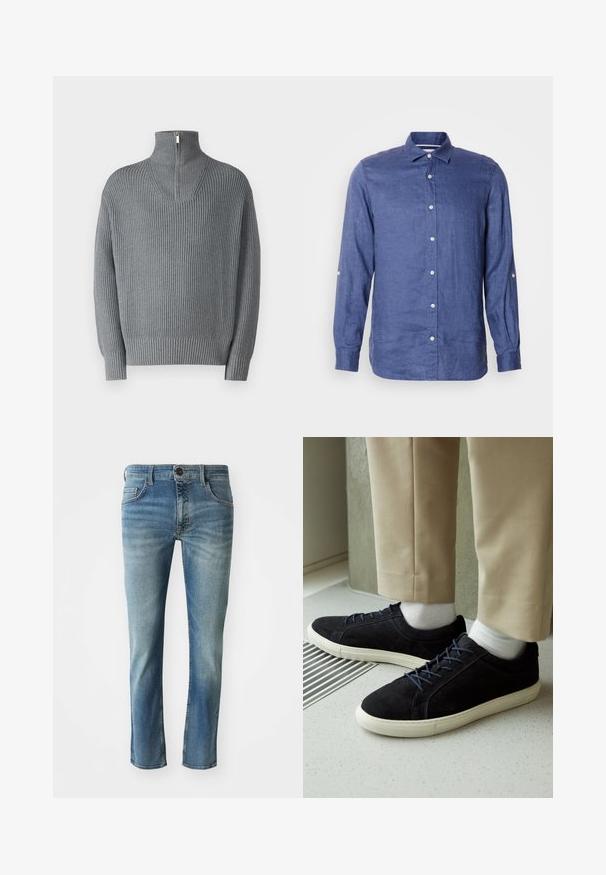 Grå ribbet sweater med høj lynlås-krave og lange ærmer. Har et struktureret strikmønster med en afslappet pasform og elastiske manchetter.; Blå linned skjorte med lange ærmer, der har en knap-ned krave og frontknaplukning. Blød tekstur med opdrejet ærmedetalje og subtil glans.; Lysblå denim jeans med lige pasform, let slidte ben, fem-lomme design og knaplukning i taljen.; Sorte ruskinds sneakers med blå snørebånd, hvide gummisulder og en tekstureret overflade, båret med beige bukser og hvide sokker på et plettet gulv.