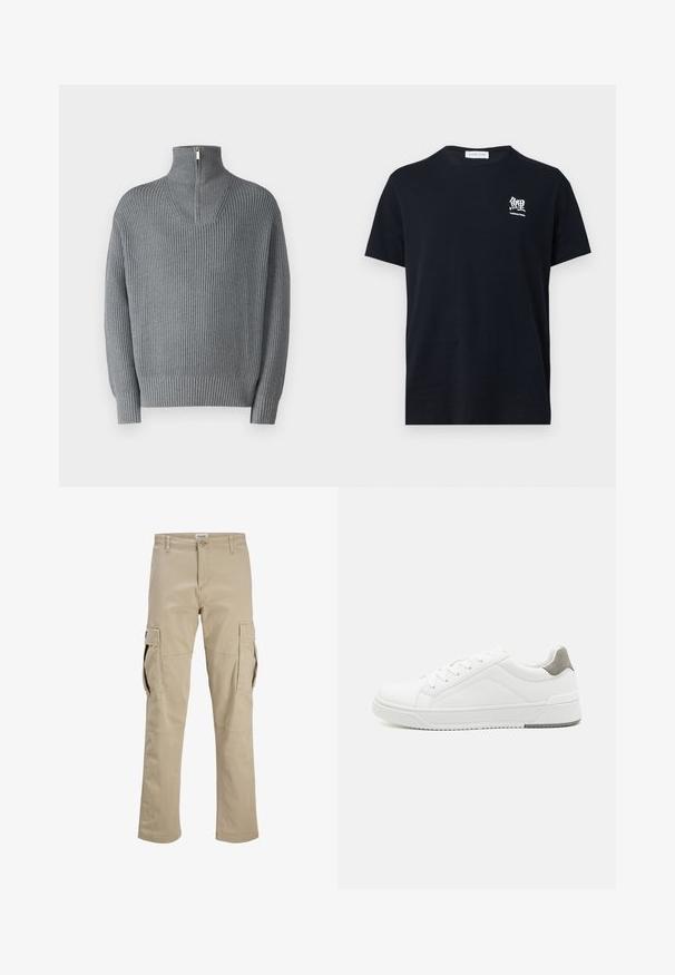 Grå ribbet sweater med høj lynlås-krave og lange ærmer. Har et struktureret strikmønster med en afslappet pasform og elastiske manchetter.; Sort T-shirt med korte ærmer og rund hals med lille hvidt japansk tegn og teksten "Traditional Fishing" på venstre bryst.; Beige cargobukser med knaplukning, bæltestropper og store klapkroge på begge lår, vist fladt på en hvid baggrund.; Hvid sneaker lavet af glat læder, rund tå, minimalistisk design, grå hælafsats og tekstureret gummisål.